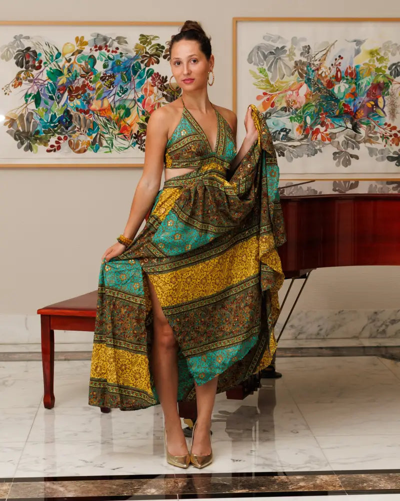 #10047-Brown-Green-Yellow | Shizera Beauty One size / 70% Silk 30% Viscose Long Dresses
