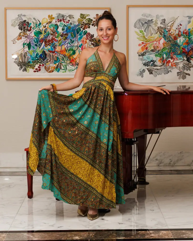 #10047-Brown-Green-Yellow | Shizera Beauty One size / 70% Silk 30% Viscose Long Dresses