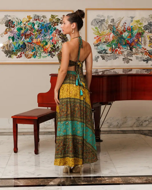 #10047-Brown-Green-Yellow | Shizera Beauty One size / 70% Silk 30% Viscose Long Dresses