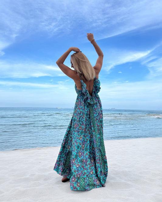 #10465 Long Turquoise Dress with Flower Ornaments | Shizera Beauty