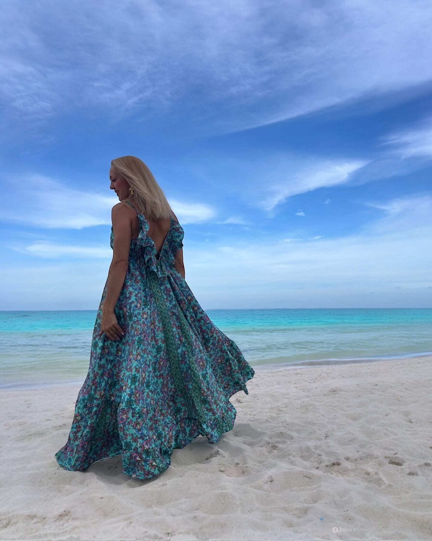 #10465 Long Turquoise Dress with Flower Ornaments | Shizera Beauty
