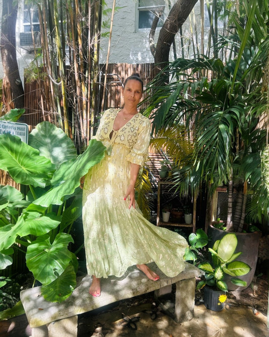 #10866 Long Yellow Green Dress with Golden Ornaments | Shizera Beauty