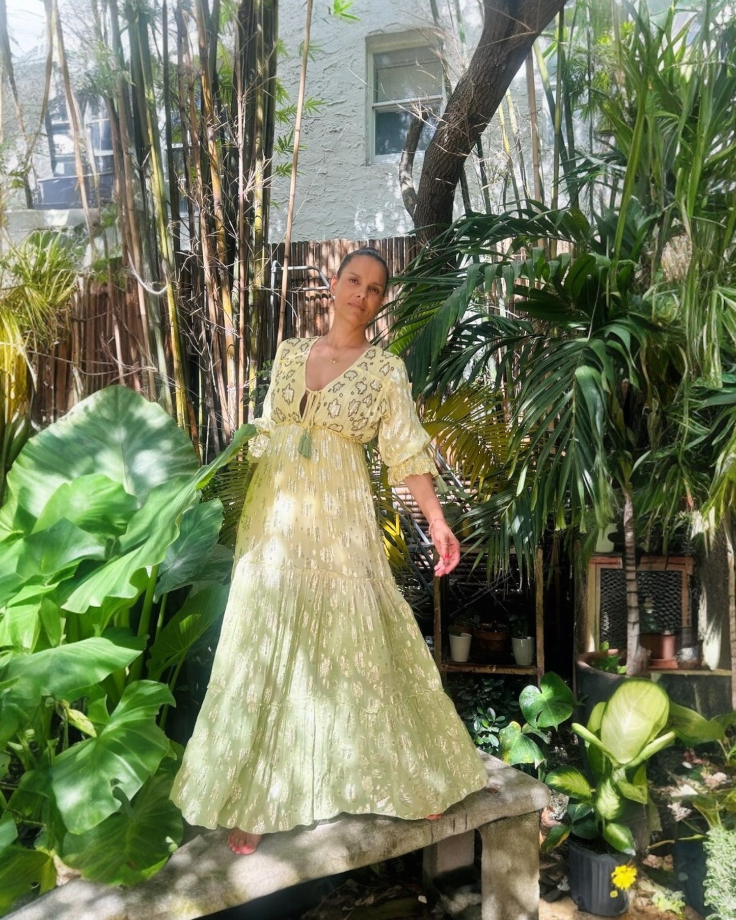 #10866 Long Yellow Green Dress with Golden Ornaments | Shizera Beauty