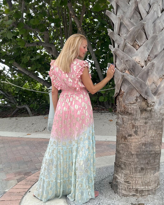 #10866 Long Pink Turquoise Dress with Golden Ornaments | Shizera Beauty