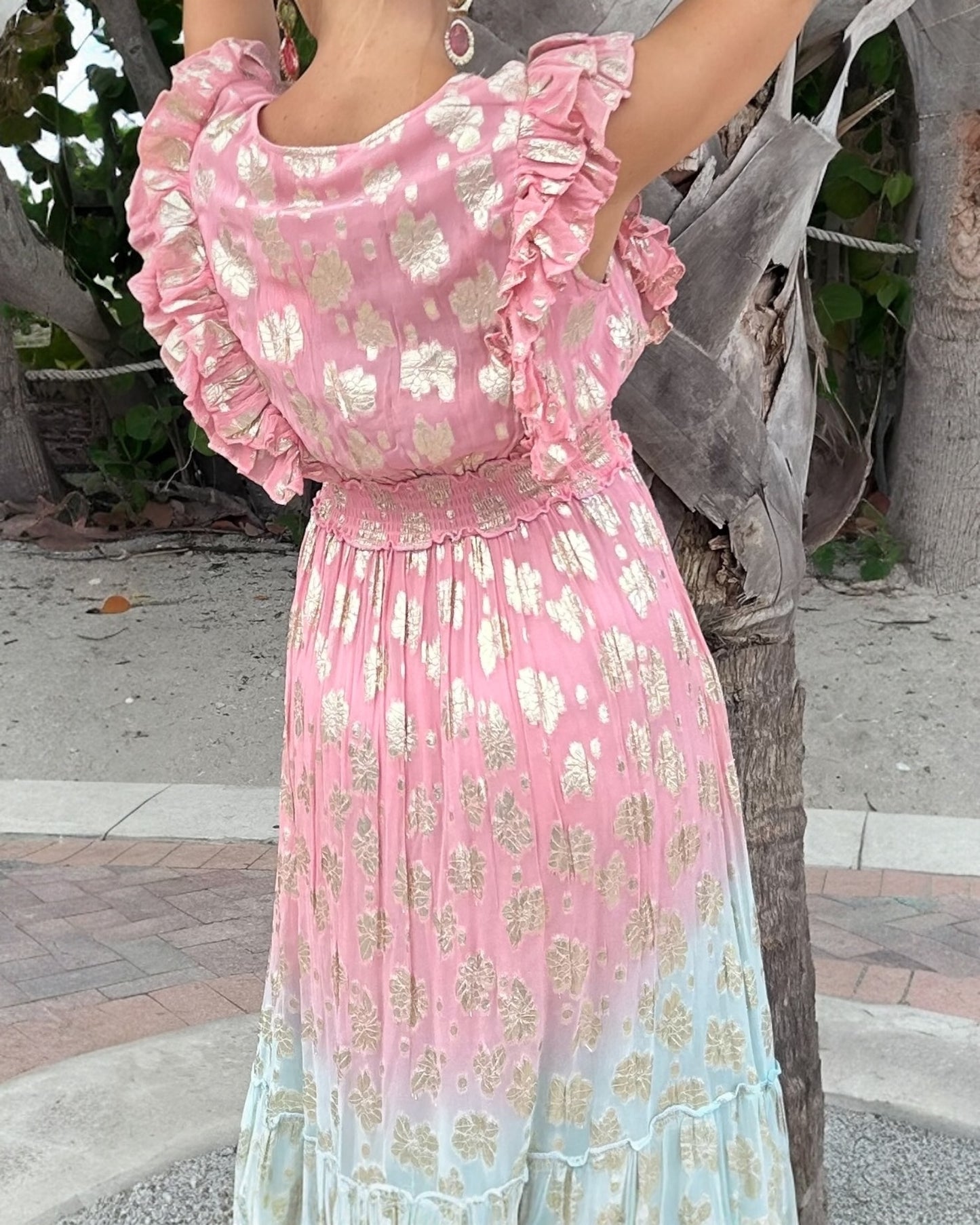 #10866 Long Pink Turquoise Dress with Golden Ornaments | Shizera Beauty