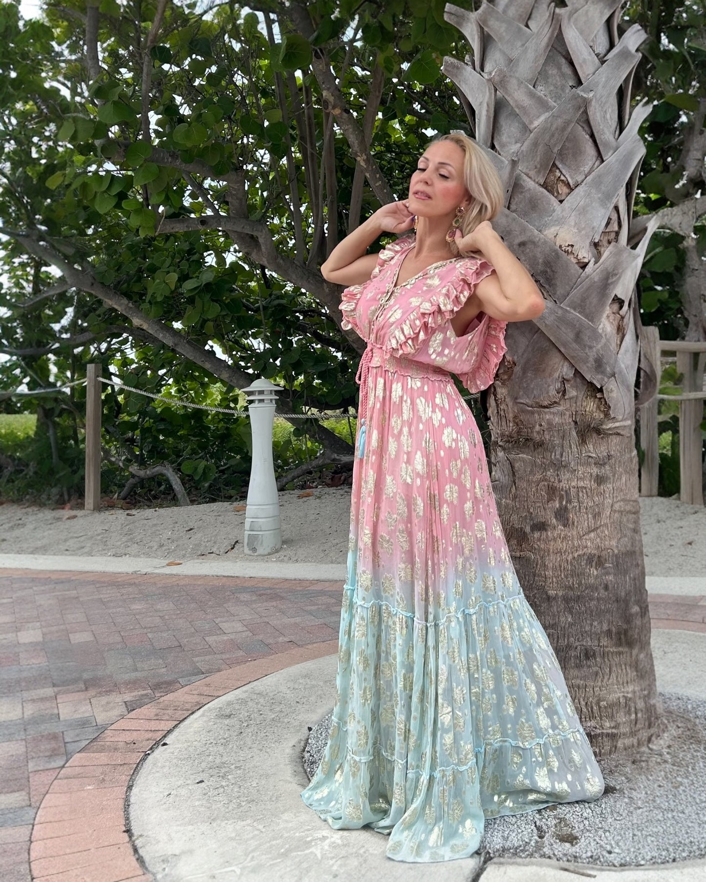 #10866 Long Pink Turquoise Dress with Golden Ornaments | Shizera Beauty