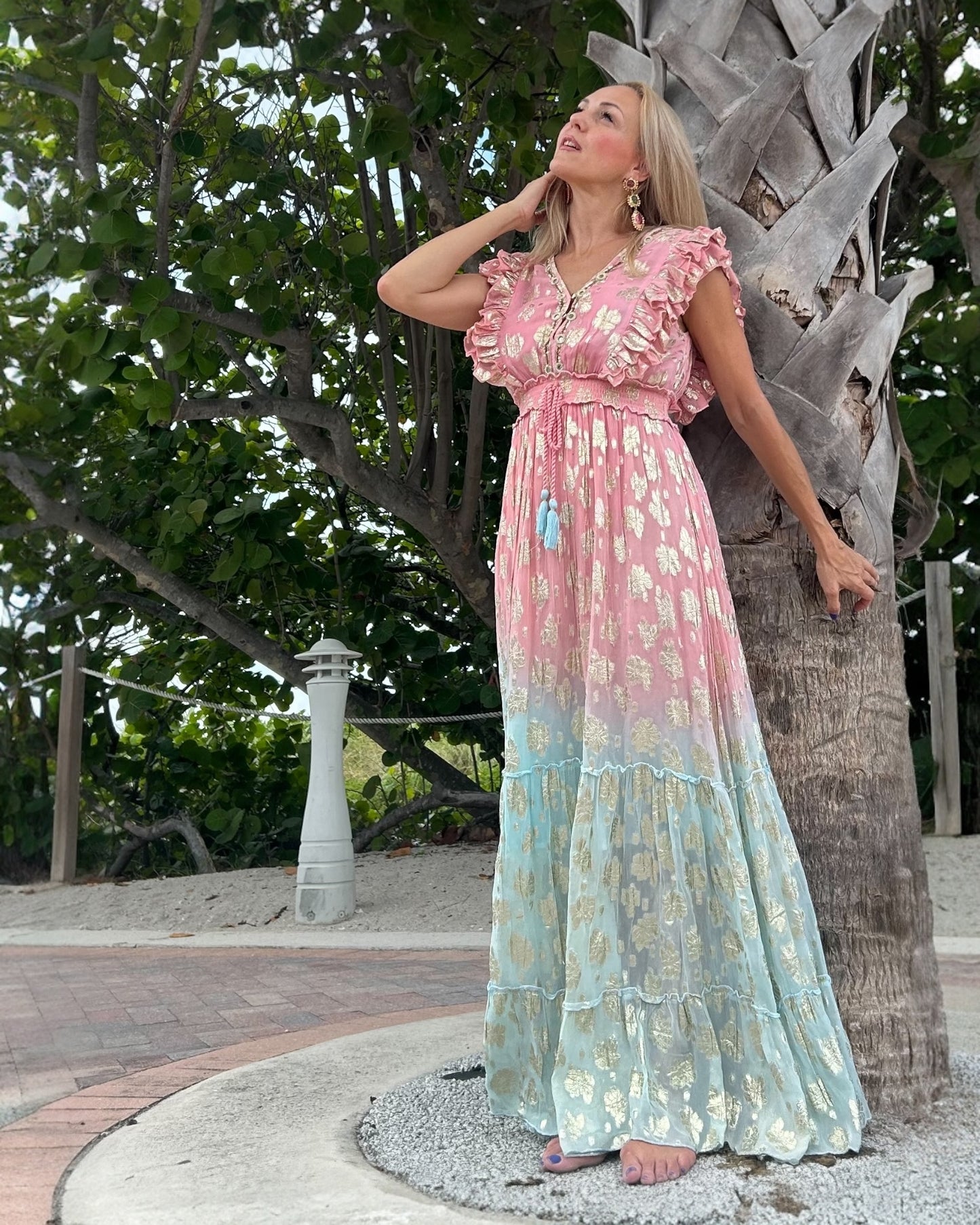 #10866 Long Pink Turquoise Dress with Golden Ornaments | Shizera Beauty