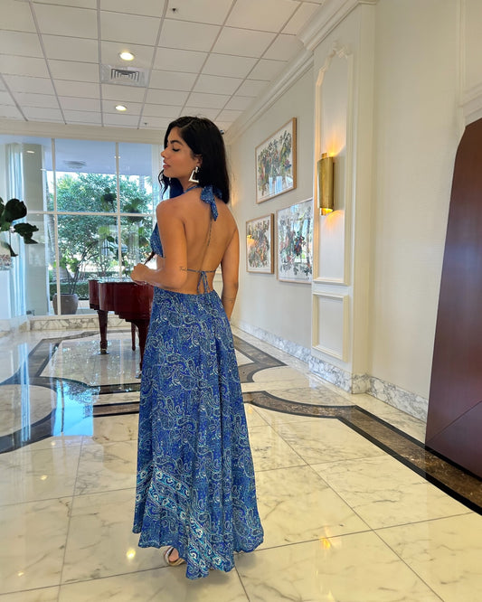 KW-1003-Blue dress with paisley pattern | Shizera Beauty