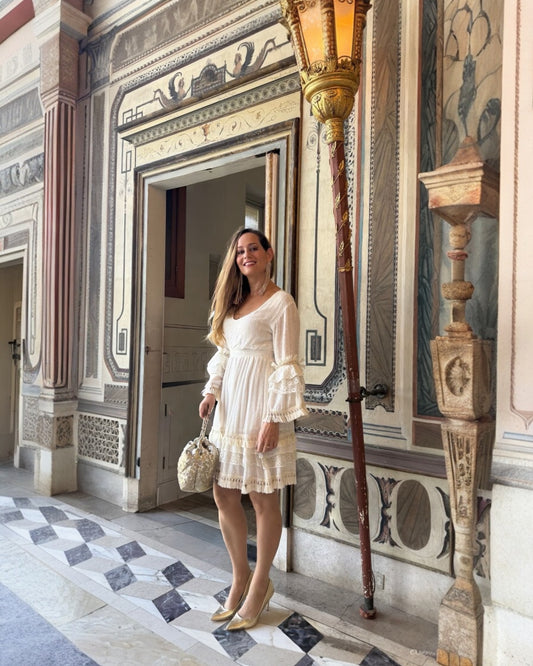 #10550 – Short Offwhite Dress with Trumpet Sleeve | Shizera Beauty