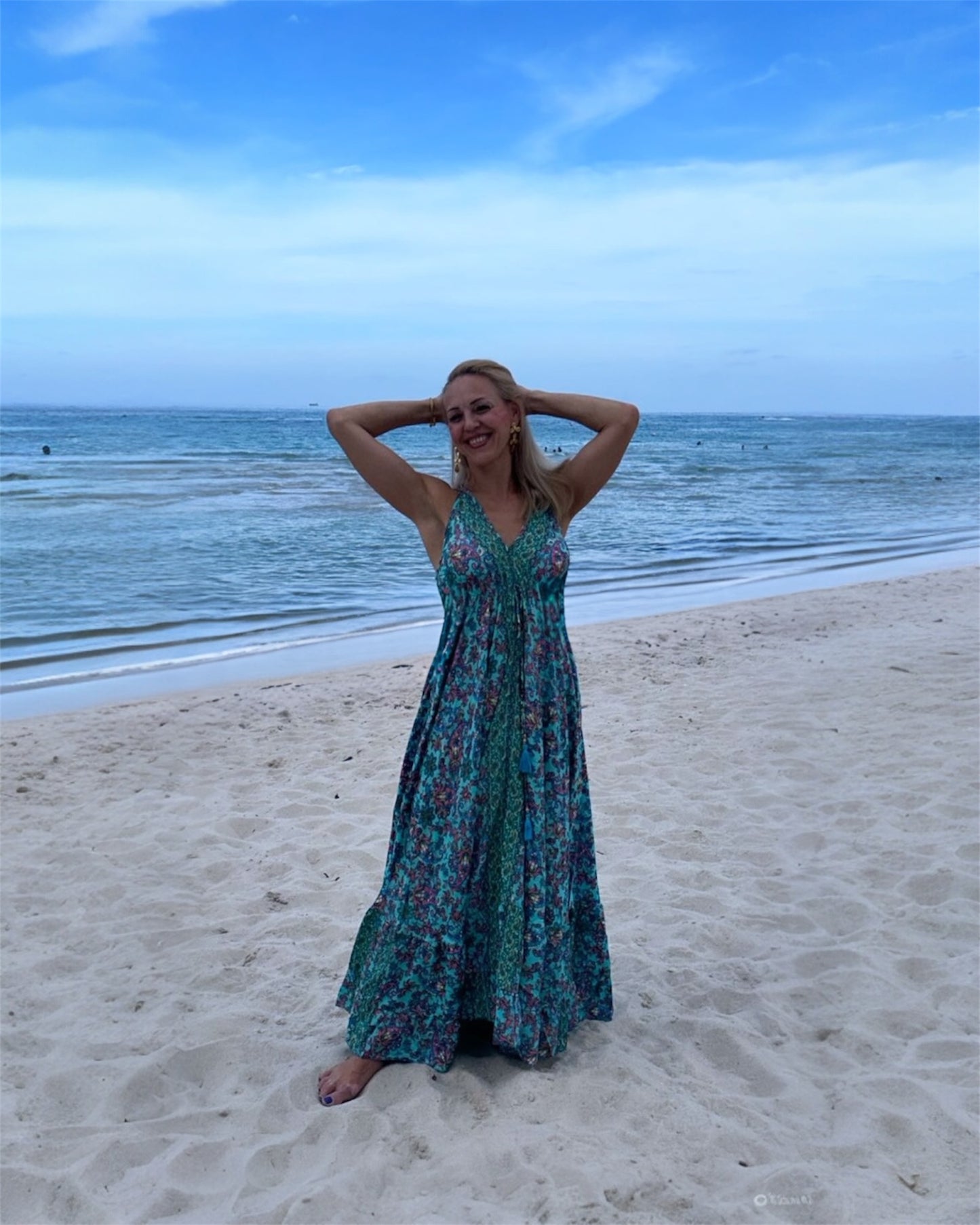 #10465 Long Turquoise Dress with Flower Ornaments | Shizera Beauty