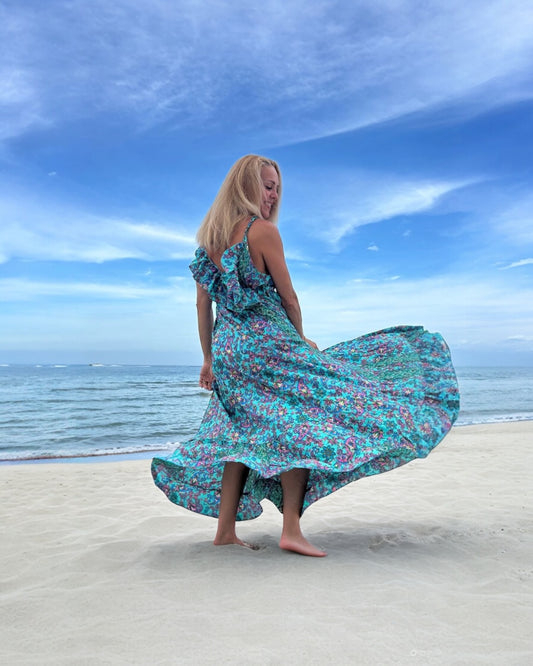 #10465 Long Turquoise Dress with Flower Ornaments | Shizera Beauty