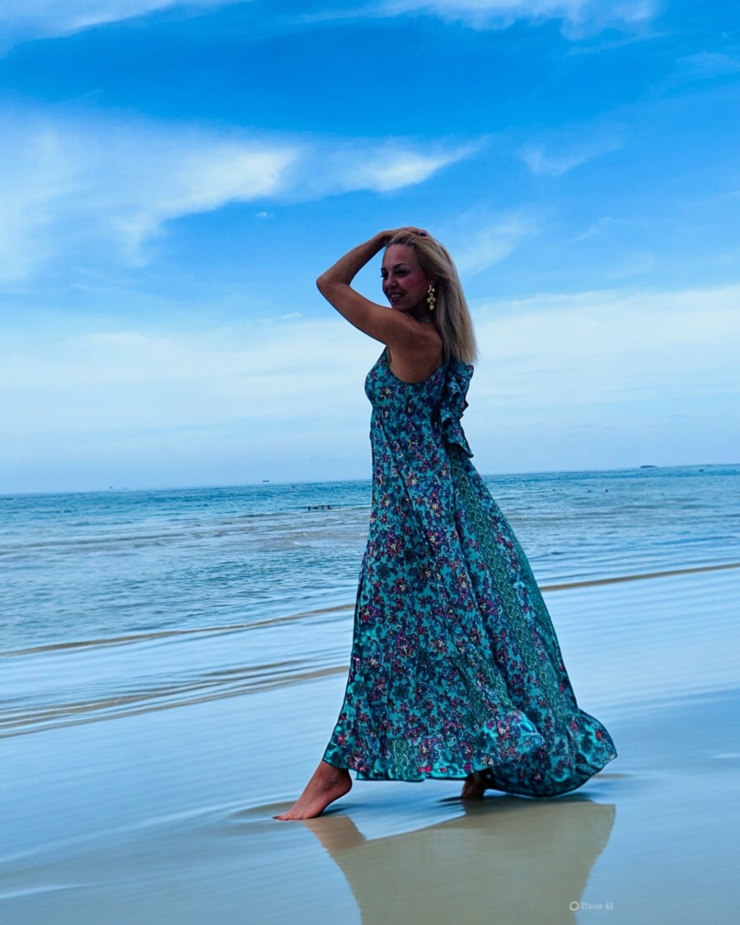 #10465 Long Turquoise Dress with Flower Ornaments | Shizera Beauty