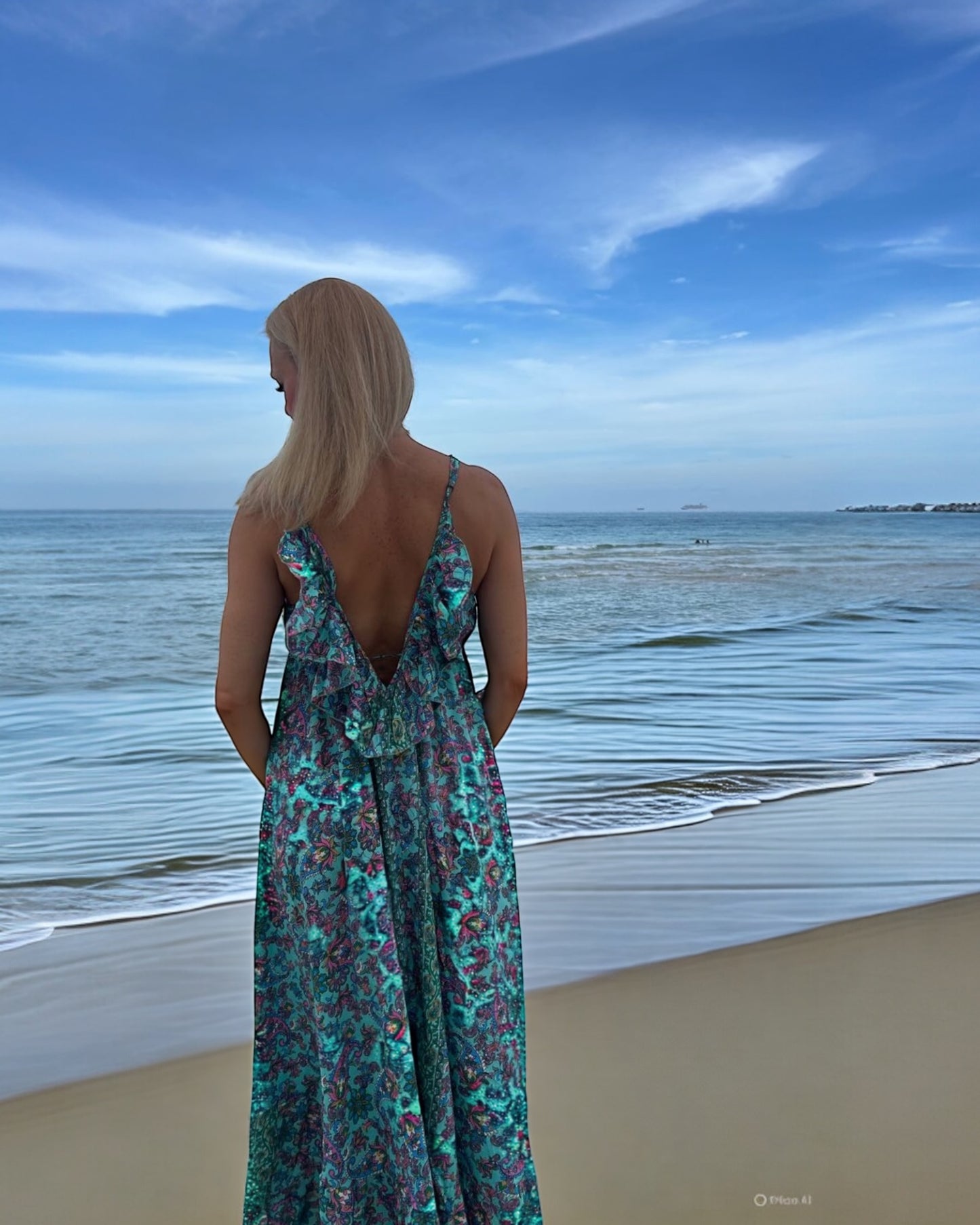 #10465 Long Turquoise Dress with Flower Ornaments | Shizera Beauty