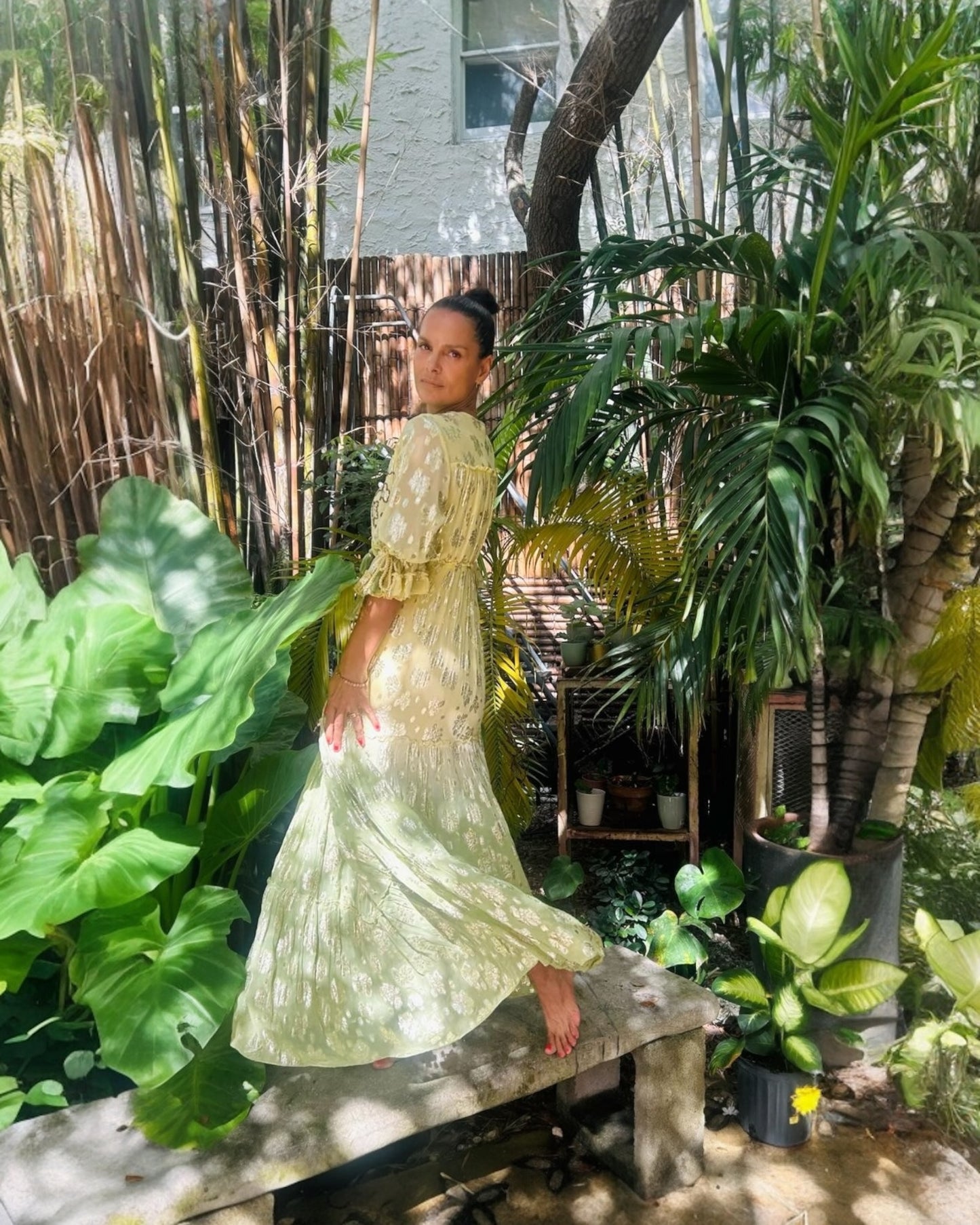 #10866 Long Yellow Green Dress with Golden Ornaments | Shizera Beauty