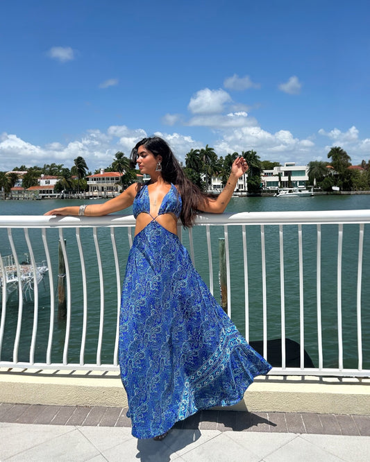 KW-1003-Blue dress with paisley pattern | Shizera Beauty