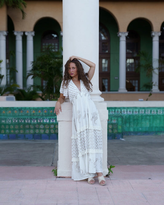 #10741 Long White Dress with Ornaments | Shizera Beauty