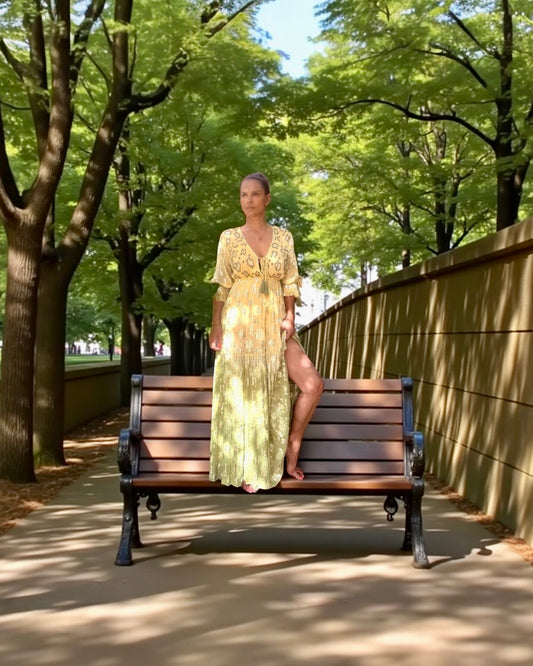 #10866 Long Yellow Green Dress with Golden Ornaments | Shizera Beauty