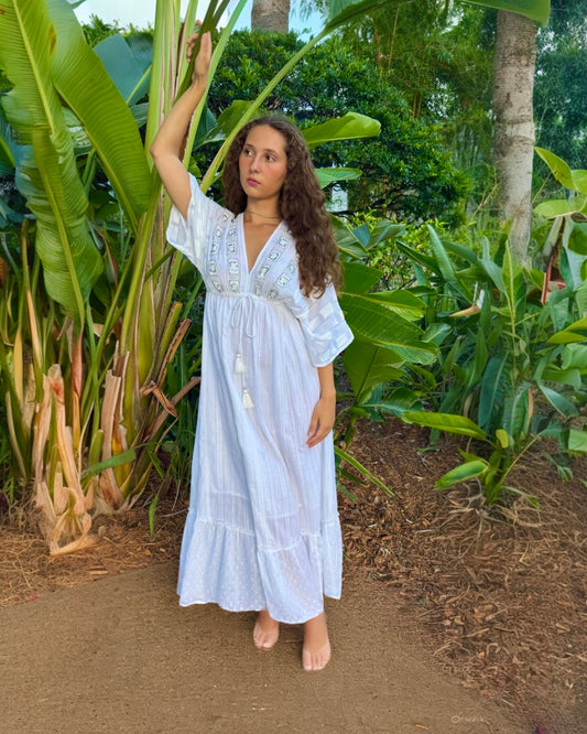 #Z-203 Long White Dress with Silver Applications | Shizera Beauty